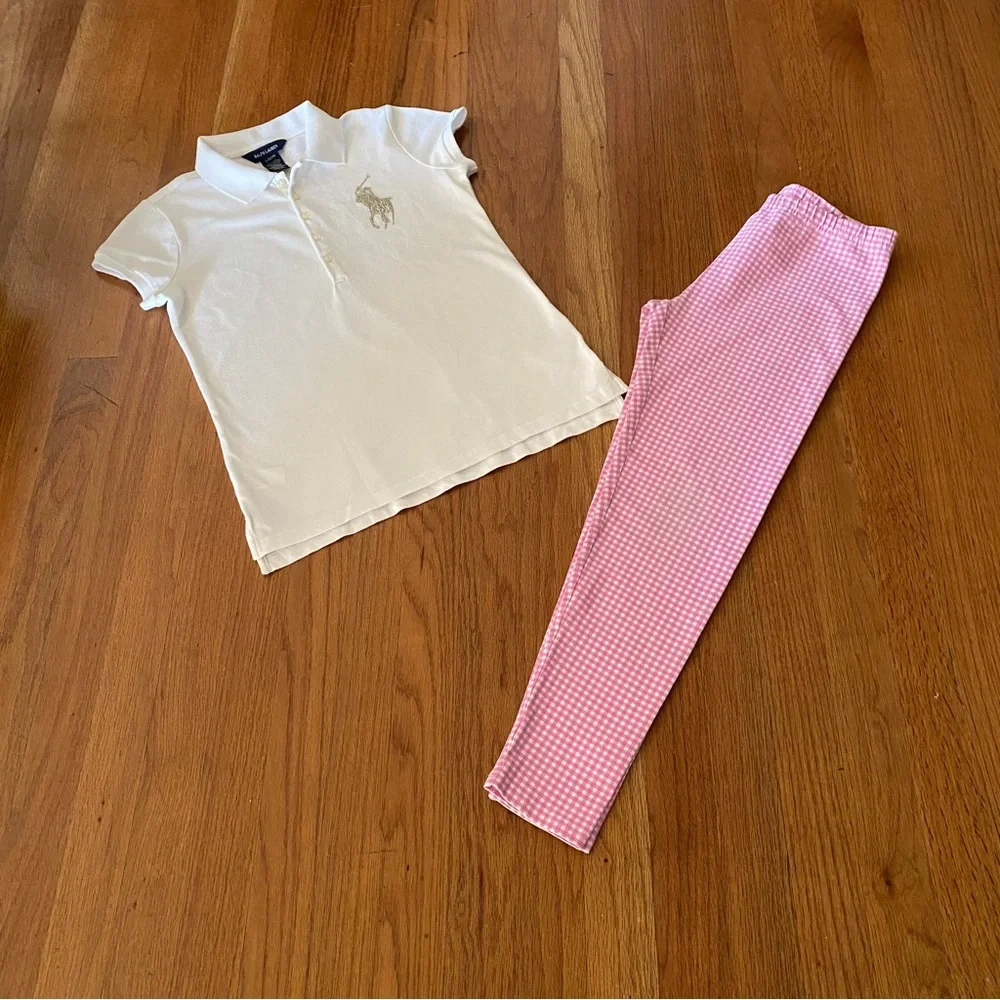 Ralph Lauren Beaded Logo Pique Polo Shirt and Matching Gingham Leggings Set